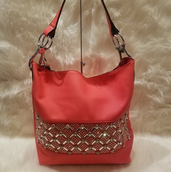 CORAL RHINESTONE BLING DESIGN HOBO HANDBAG - Picture 2 of 8